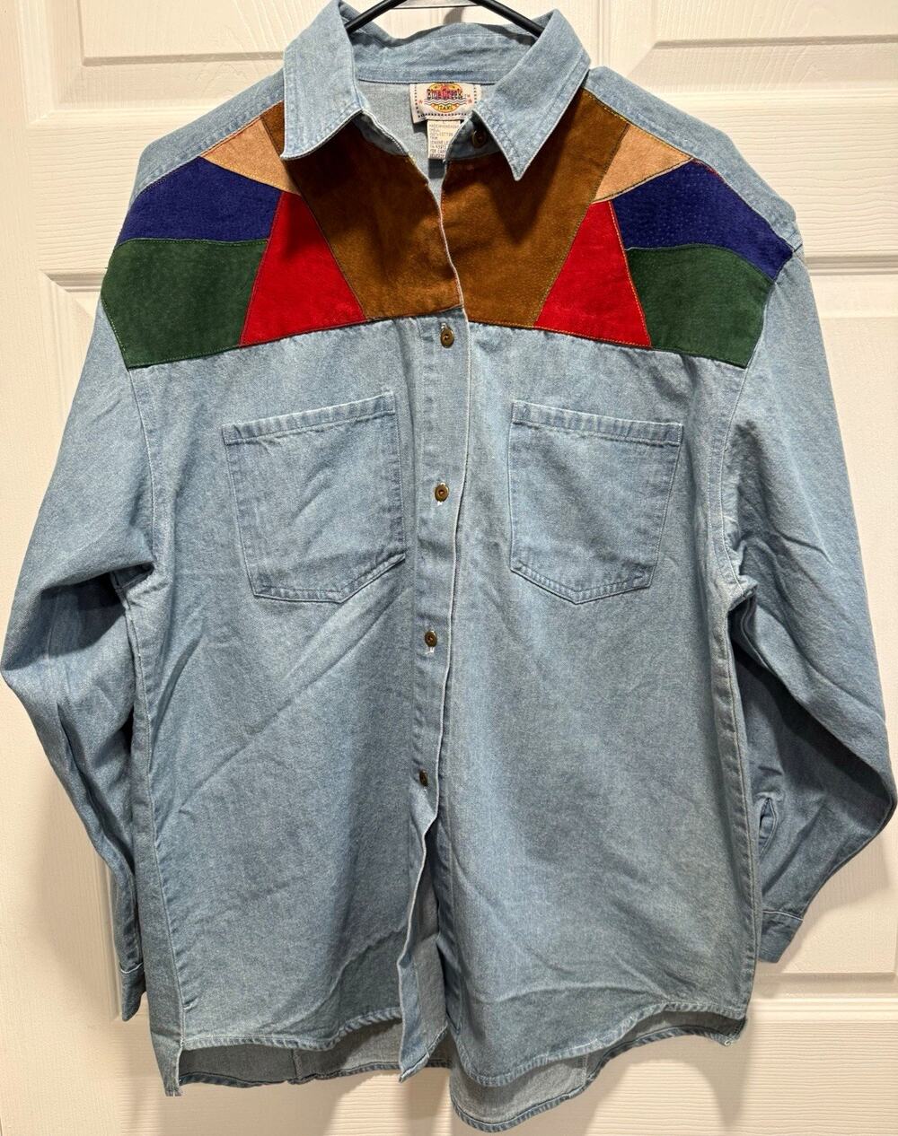 VTG Blue Creek Jeans Mens L Denim Colorblock Suede Yoke Western Shirt